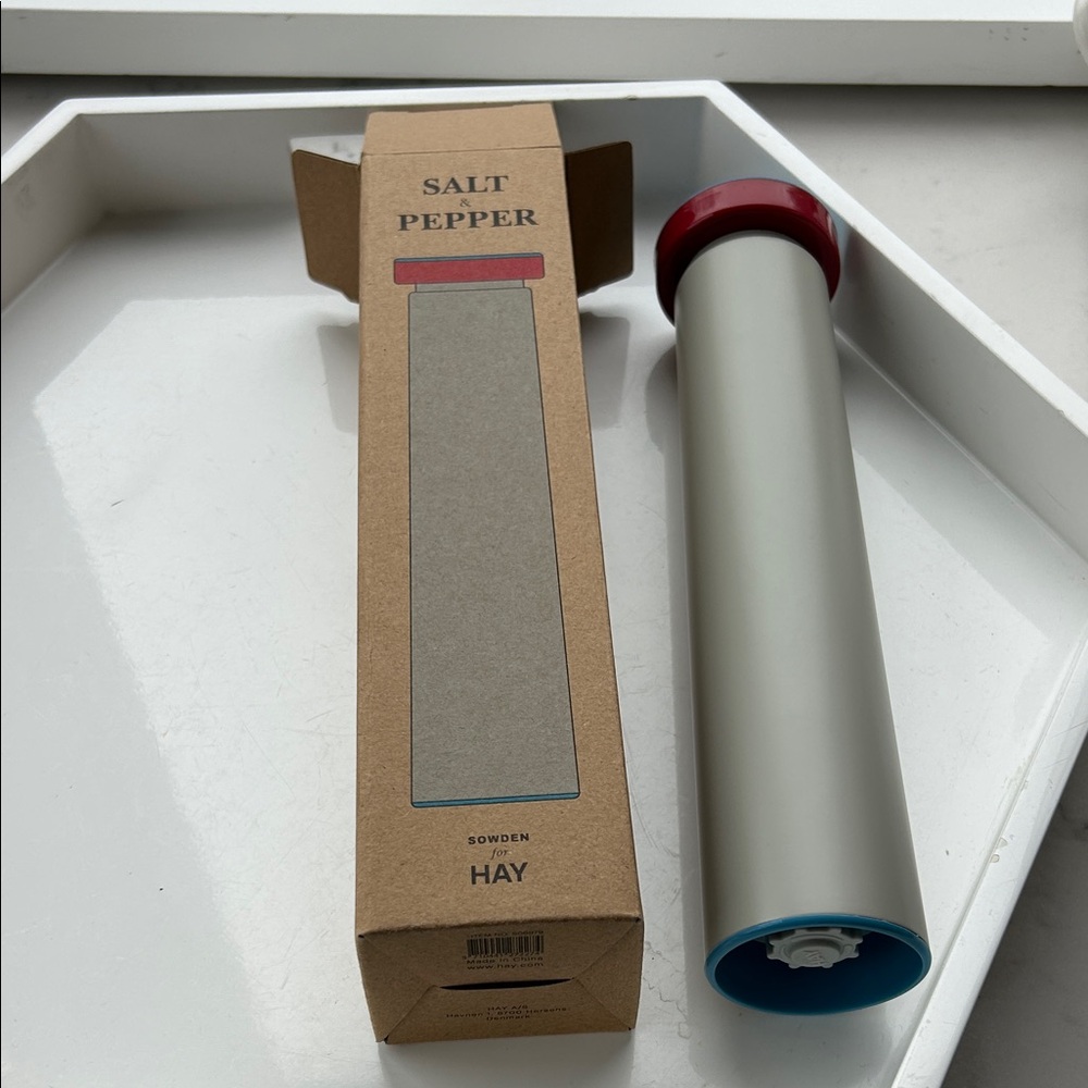 Salt & Pepper Grinder - Light Gray Body with Red Accent. Sowden for Hay